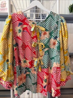 JODIFL Floral Colorblock Tie-Front Blouse in Red, Green & Yellow